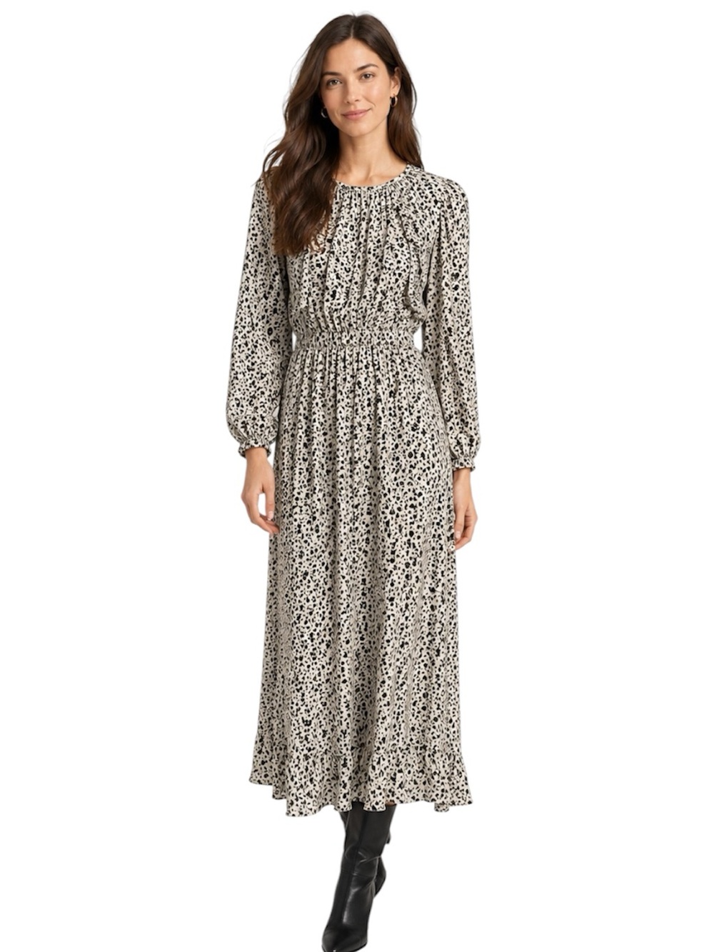 Little Moon Verbenna Long Sleeve Floral Midi Dress XS Black White